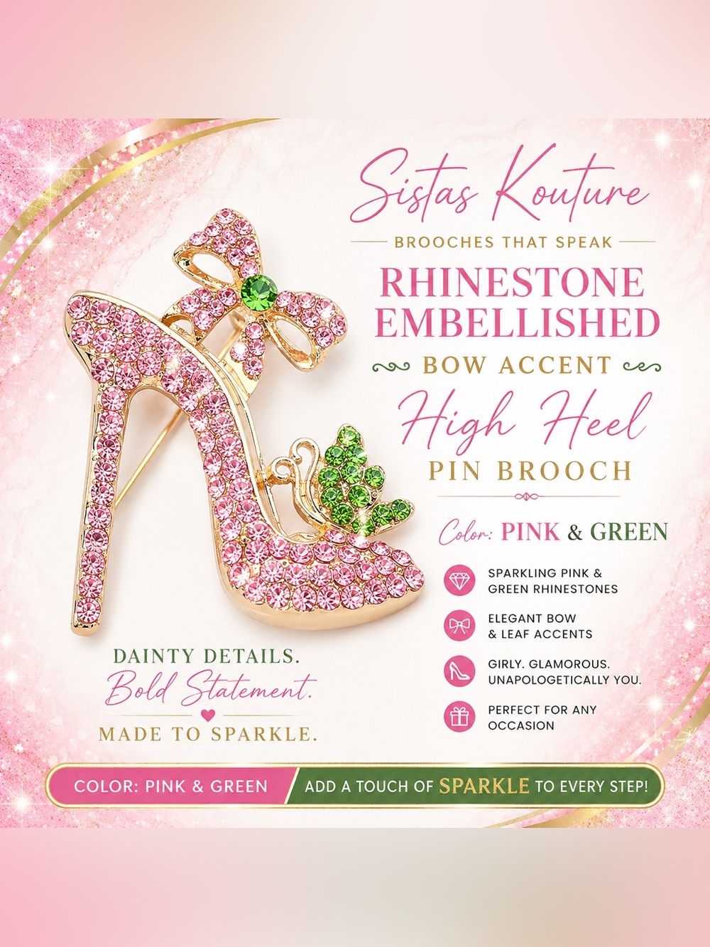 Pink & Green Rhinestone High Heel Pin Brooch